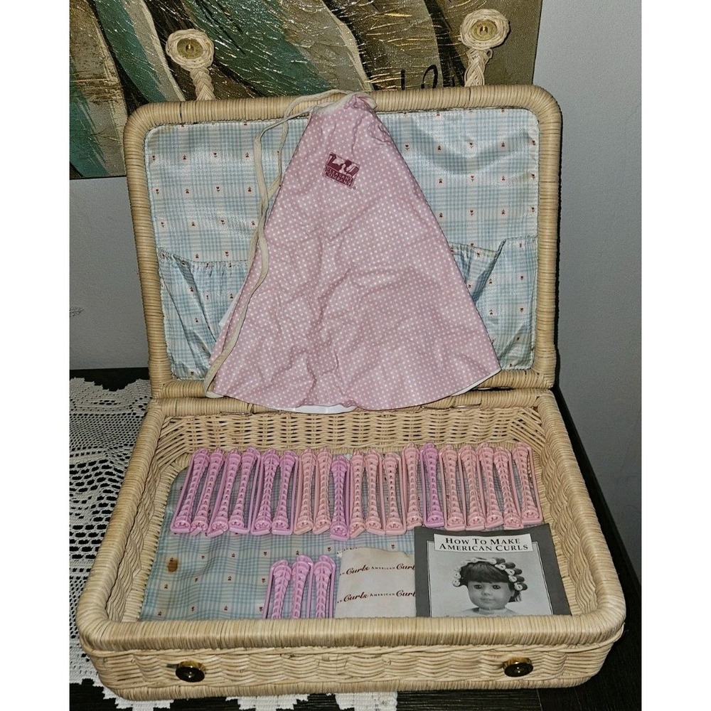American Girl Doll Lot Curler Set W/Cape & Bitty Baby Wicker Suitcase Flaws